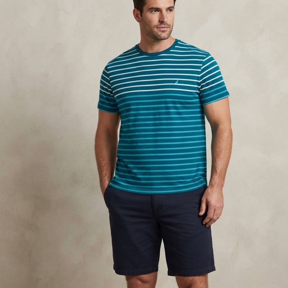 Nautica T-Shirt Men XL Blue Excellent Striped Short Sleeve Cotton Logo Tee